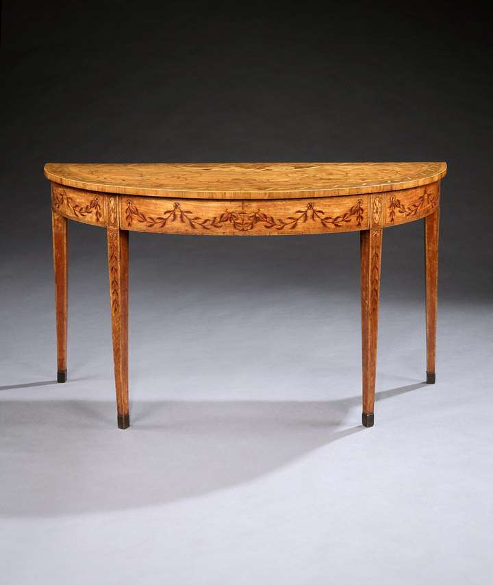 A GEORGE III SATINWOOD MARQUETRY DEMI-LUNE SIDE TABLE